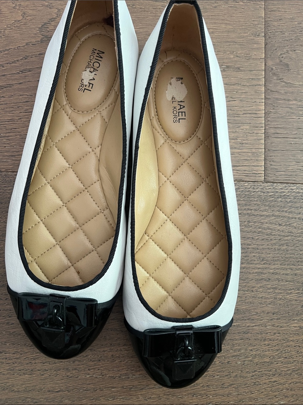Michael Kors White Quilted Ballet Flats with Black Patent Trim